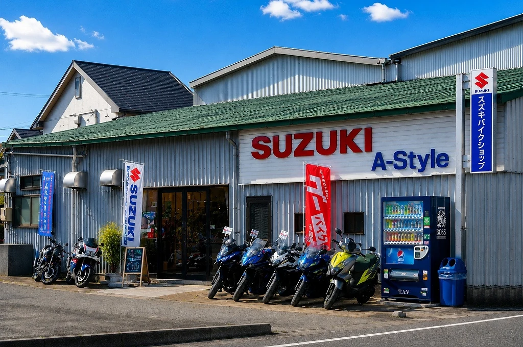 スズキとA-Styleの看板がある実店舗の外観