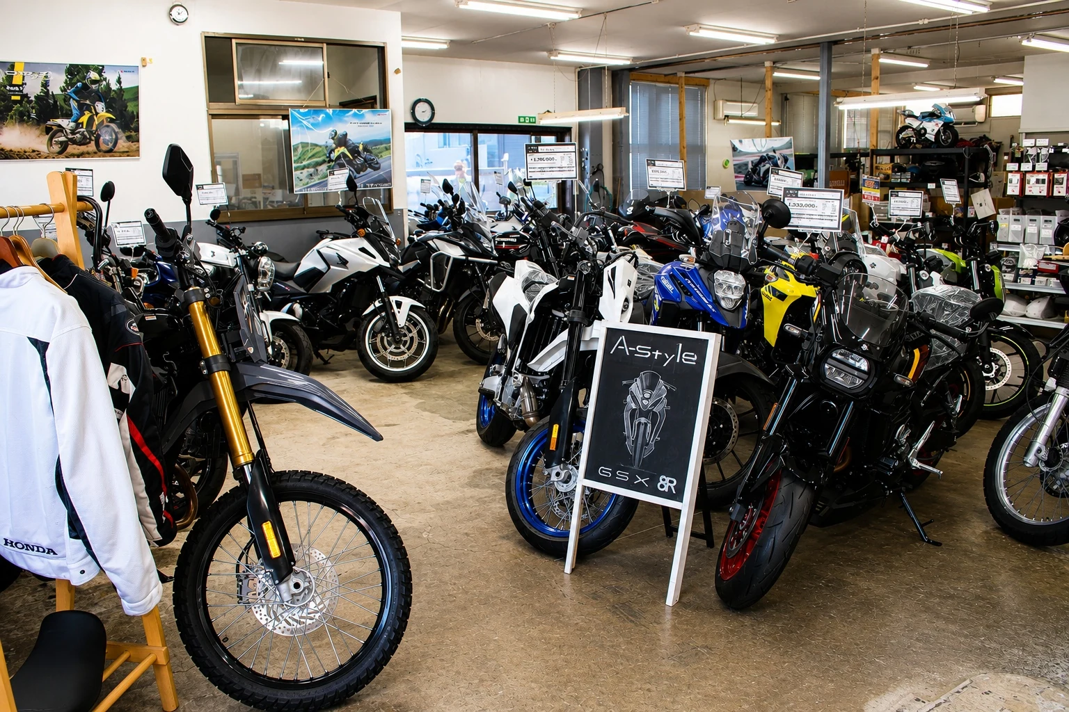 A-Styleで販売するバイクの展示風景